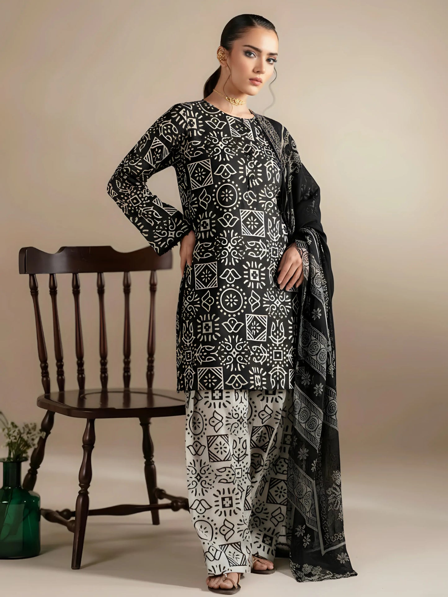 3 Piece Stone Linen-Printed (Pret)